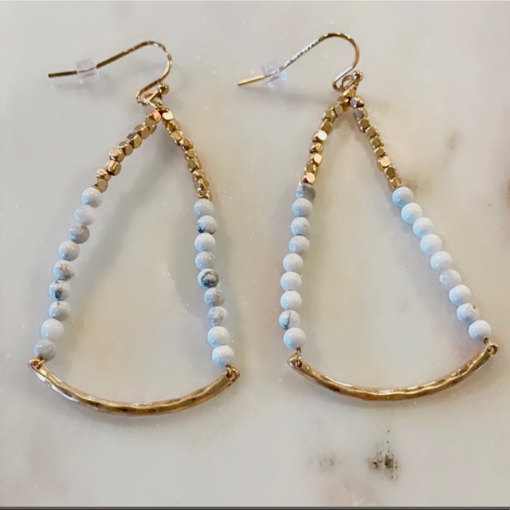 Gold White Beaded Dangle Earrings